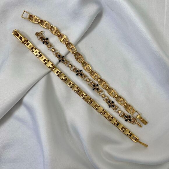 Lot of 3 Vintage Slim Dainty Filigree Chainlink Bracelets Black Rhinestones - Picture 4 of 4